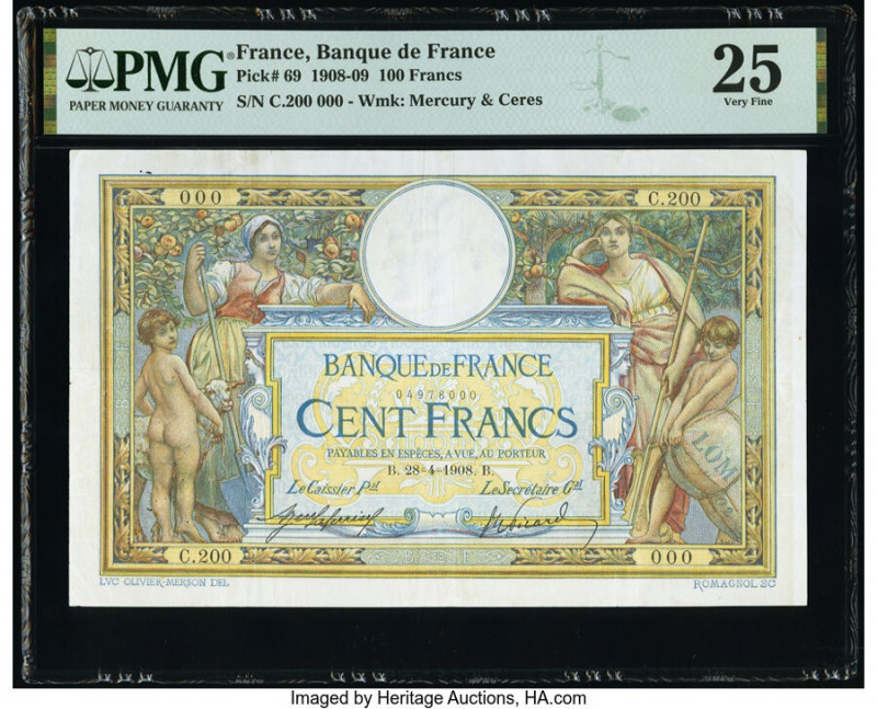 Serial number 200 000 France Banque de France 100 Francs 28.4.1908 Pick 69 PMG V...