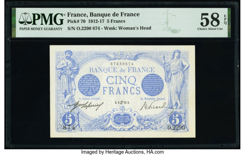 France Banque de France 5 Francs 1912-17 Pick 70 PMG Choice About Unc 58 EPQ. 

...