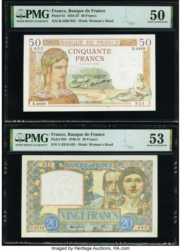 France Banque de France 50; 20 Francs 28.5.1936; 30.10.1941 Pick 81; 92b Two Exa...