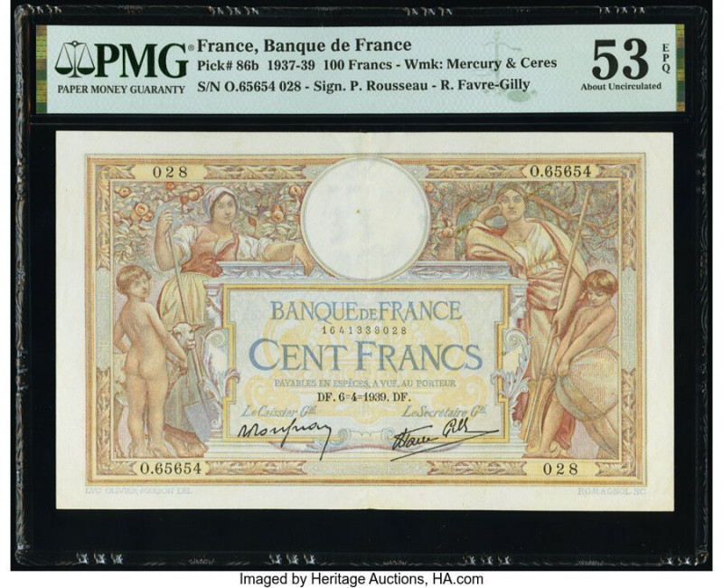 France Banque de France 100 Francs 6.4.1939 Pick 86b PMG About Uncirculated 53 E...