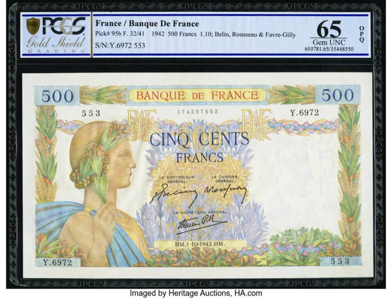 France Banque de France 500 Francs 1.10.1942 Pick 95b PCGS Gold Shield Gem UNC 6...
