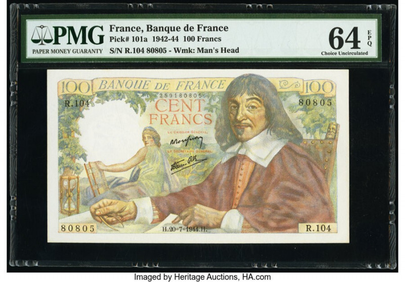 France Banque de France 100 Francs 20.7.1944 Pick 101a PMG Choice Uncirculated 6...