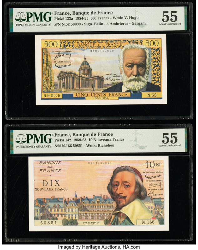 France Banque de France 500 Francs; 10 Nouveaux Francs 6.1.1955; 2.2.1961 Pick 1...