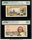 France Banque de France 500 Francs; 10 Nouveaux Francs 6.1.1955; 2.2.1961 Pick 133a; 142 Two Examples PMG About Uncirculated 55 (2). Pinholes are pres...