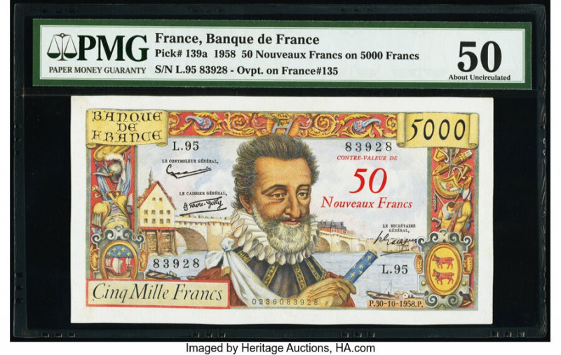 France Banque de France 50 Nouveaux Francs on 5000 Francs 30.10.1958 Pick 139a P...