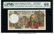 France Banque de France 10 Francs ND (1963-73) Pick 147as Specimen PMG Choice Uncirculated 64. Black Specimen overprints and a perforated Specimen pun...