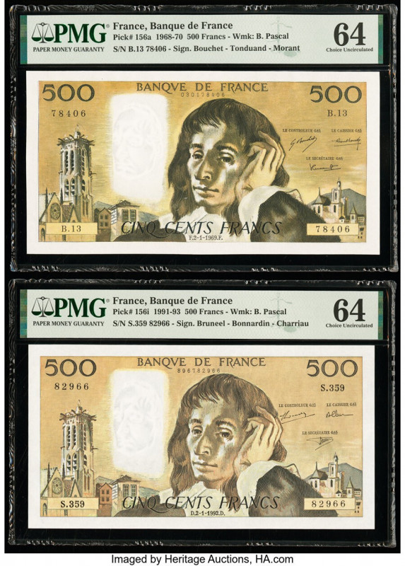 France Banque de France 500 Francs 2.1.1969; 2.1.1992 Pick 156a; 156i Two Exampl...