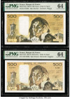 France Banque de France 500 Francs 2.1.1969; 2.1.1992 Pick 156a; 156i Two Examples PMG Choice Uncirculated 64 (2). Staple holes are noted on Pick 156a...