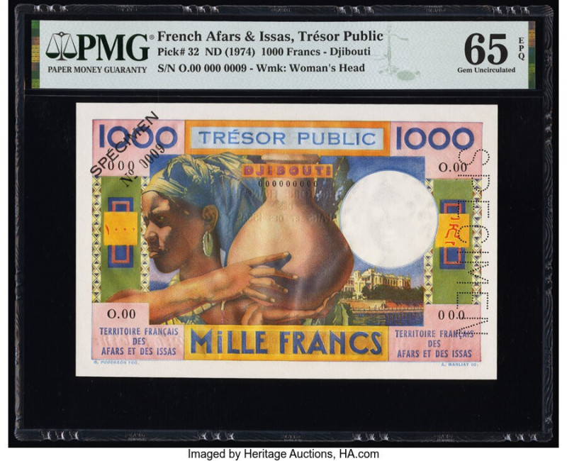 French Afars & Issas Tresor Public 1000 Francs ND (1974) Pick 32 PMG Gem Uncircu...