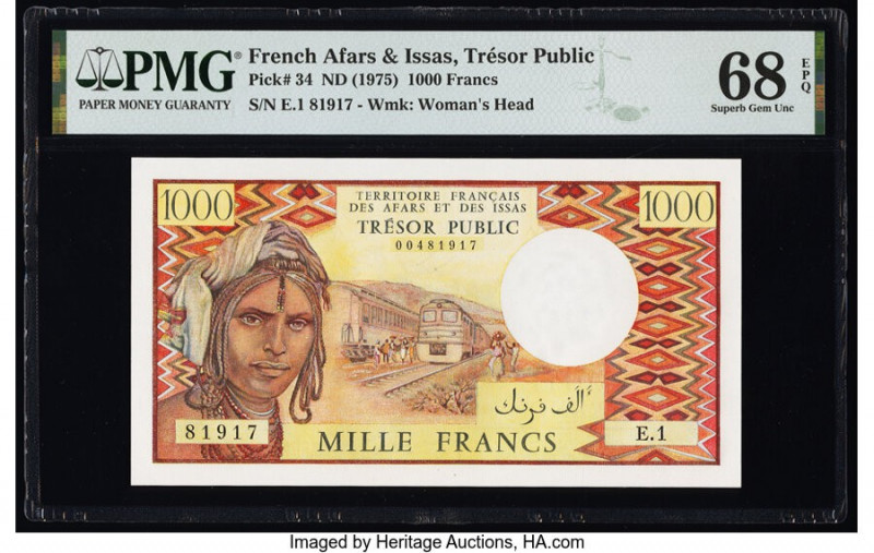 French Afars & Issas Tresor Public 1000 Francs ND (1975) Pick 34 PMG Superb Gem ...