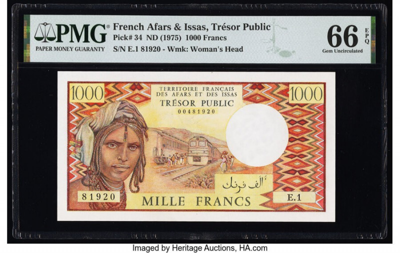 French Afars & Issas Tresor Public 1000 Francs ND (1975) Pick 34 PMG Gem Uncircu...