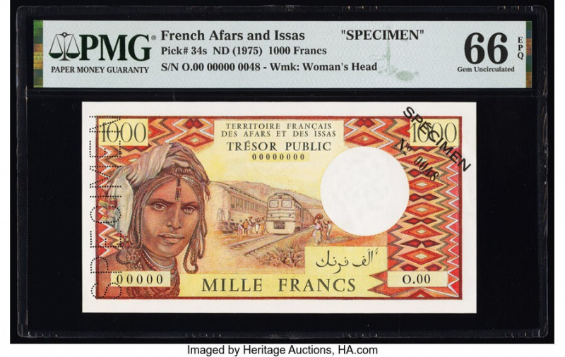 French Afars & Issas Tresor Public 1000 Francs ND (1975) Pick 34s Specimen PMG G...