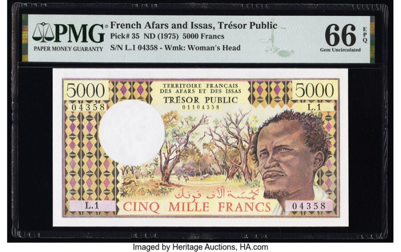French Afars & Issas Tresor Public 5000 Francs ND (1975) Pick 35 PMG Gem Uncircu...
