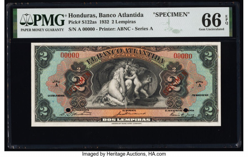 Honduras Banco Atlantida 2 Lempiras 1.3.1932 Pick S122as Specimen PMG Gem Uncirc...