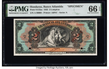 Honduras Banco Atlantida 2 Lempiras 1.3.1932 Pick S122as Specimen PMG Gem Uncirculated 66 EPQ. Red Specimen overprints and two POCs are present on thi...
