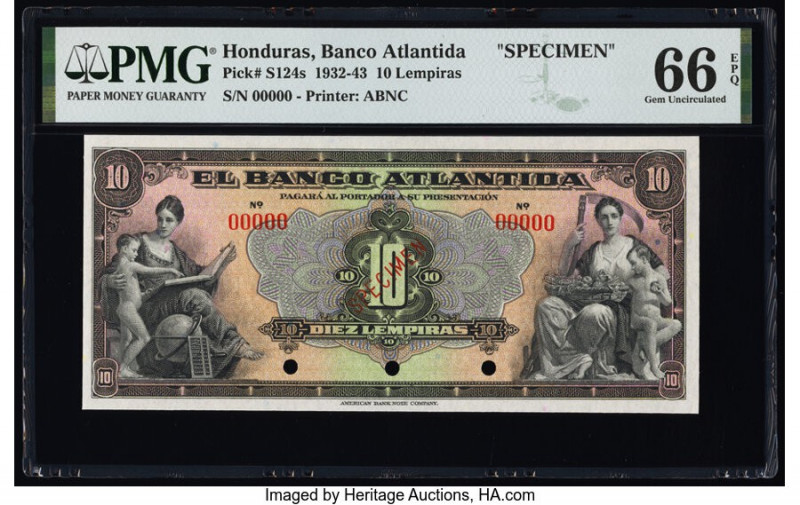 Honduras Banco Atlantida 10 Lempiras 1932-43 Pick S124s Specimen PMG Gem Uncircu...