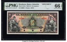 Honduras Banco Atlantida 10 Lempiras 1932-43 Pick S124s Specimen PMG Gem Uncirculated 66 EPQ. Red Specimen overprints and three POCs are present on th...