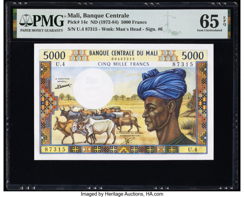 Mali Banque Centrale du Mali 5000 Francs ND (1972-84) Pick 14c PMG Gem Uncircula...