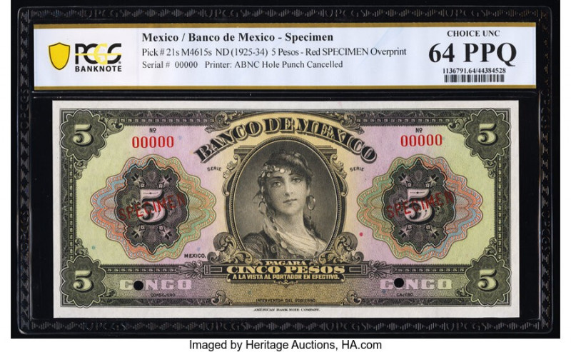 Mexico Banco de Mexico 5 Pesos ND (1925-34) Pick 21s Specimen PCGS Banknote Choi...