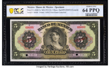Mexico Banco de Mexico 5 Pesos ND (1925-34) Pick 21s Specimen PCGS Banknote Choice UNC 64 PPQ. Red Specimen overprints and two POCs are present on thi...