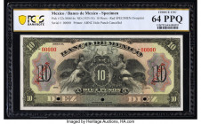 Mexico Banco de Mexico 10 Pesos ND (1925-34) Pick 22s Specimen PCGS Banknote Choice UNC 64 PPQ. Red Specimen overprints and three POCs are present on ...