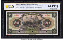 Mexico Banco de Mexico 20 Pesos ND (1925-34) Pick 23s Specimen PCGS Banknote Choice UNC 64 PPQ. Red Specimen overprints and three POCs are present on ...