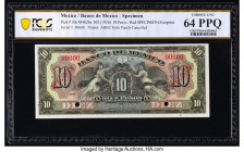 Mexico Banco de Mexico 10 Pesos ND (1936) Pick 30s Specimen PCGS Banknote Choice UNC 64 PPQ. Red Specimen overprints and two POCs are present on this ...