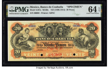 Mexico Banco De Coahuila 20 Pesos ND (1898-1914) Pick S197s M169s Specimen PMG Choice Uncirculated 64 EPQ. Red Specimen overprints and two POCs are pr...