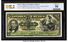 Mexico Banco de Londres y Mexico 5 Pesos 1.10.1913 Pick S233d M271d PCGS Banknote Choice AU 58. 

HID09801242017

© 2022 Heritage Auctions | All Right...