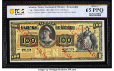 Mexico Banco Nacional de Mexicano 100 Pesos ND (1885-1911) Pick S261r M302r Remainder PCGS Banknote Gem UNC 65 PPQ. Red overprints are present on this...