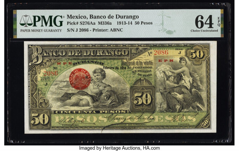 Mexico Banco de Durango 50 Pesos 2.1914 Pick S276Aa M336a PMG Choice Uncirculate...