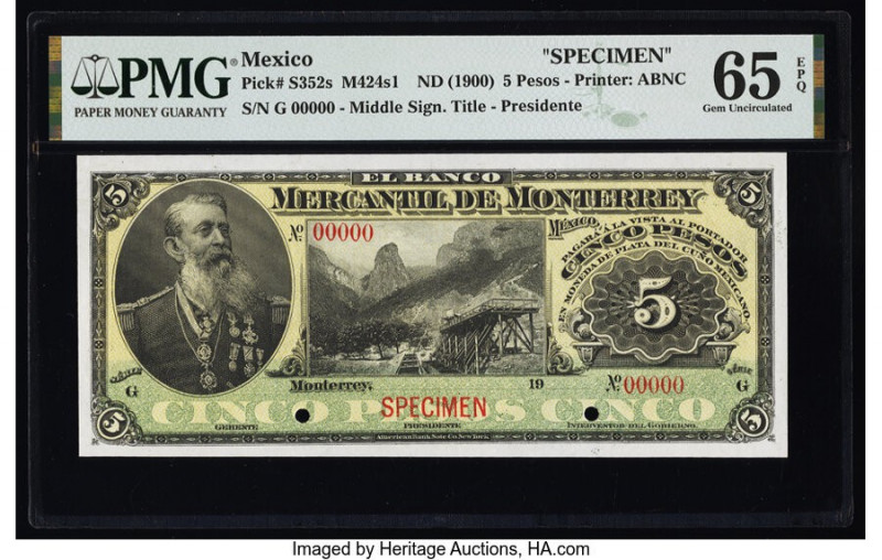 Mexico Banco Mercantil de Monterrey 5 Pesos ND (1900) Pick S352s M424s1 Specimen...