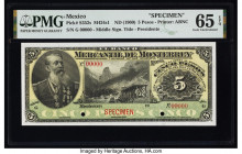 Mexico Banco Mercantil de Monterrey 5 Pesos ND (1900) Pick S352s M424s1 Specimen PMG Gem Uncirculated 65 EPQ. Red Specimen overprints and two POCs are...