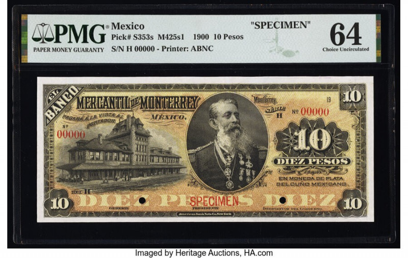 Mexico Banco Mercantil de Monterrey 10 Pesos 1900 Pick S353s M425s1 Specimen PMG...