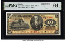 Mexico Banco Mercantil de Monterrey 10 Pesos 1900 Pick S353s M425s1 Specimen PMG Choice Uncirculated 64. Red Specimen overprints and two POCs are pres...