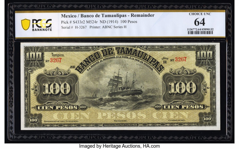 Mexico Banco de Tamaulipas 100 Pesos ND (1902-14) Pick S433r2 M524r Remainder PC...