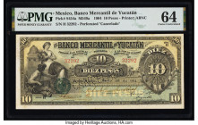 Mexico Mercantil de Yucatan 10 Pesos 28.5.1904 Pick S454a M549a PMG Choice Uncirculated 64. A Perforated Cancelado punch is present on this example. 
...