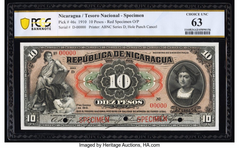 Nicaragua Billete del Tesoro Nacional 10 Pesos 1.1.1910 Pick 46s Specimen PCGS B...