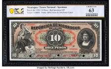 Nicaragua Billete del Tesoro Nacional 10 Pesos 1.1.1910 Pick 46s Specimen PCGS Banknote Choice UNC 63. Red Specimen overprints and three POCs are pres...