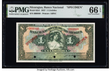 Nicaragua Banco Nacional 1 Cordoba 1927 Pick 62s1 Specimen PMG Gem Uncirculated 66 EPQ. Red Specimen overprints and three POCs are present on this exa...