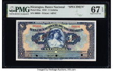 Nicaragua Banco Nacional 1 Cordoba 1932 Pick 63as Specimen PMG Superb Gem Unc 67 EPQ. Red Specimen overprints and three POCs are present on this examp...