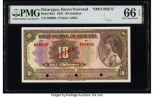Nicaragua Banco Nacional 10 Cordobas 1929 Pick 66s1 Specimen PMG Gem Uncirculated 66 EPQ. Red Specimen overprints and three POCs are present on this e...