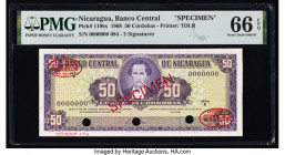 Nicaragua Banco Central 50 Cordobas 25.5.1968 Pick 119bs Specimen PMG Gem Uncirculated 66 EPQ. Red Specimen & TDLR overprints and three POCs are prese...