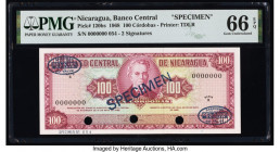 Nicaragua Banco Central 100 Cordobas 25.5.1968 Pick 120bs Specimen PMG Gem Uncirculated 66 EPQ. Specimen & TDLR overprints and three POCs are present ...