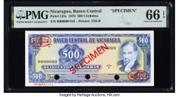 Nicaragua Banco Central 500 Cordobas 1979 Pick 133s Specimen PMG Gem Uncirculated 66 EPQ. Red Specimen & TDLR overprints and three POCs are present on...