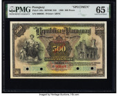 Paraguay Republica del Paraguay 500 Pesos 30.12.1920 Pick 148s Specimen PMG Gem Uncirculated 65 EPQ. Red Specimen overprints and four POCs are present...