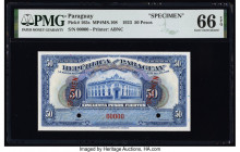 Paraguay Banco de la Republica 50 Pesos 25.10.1923 Pick 165s Specimen PMG Gem Uncirculated 66 EPQ. Red Specimen overprints and two POCs are present on...