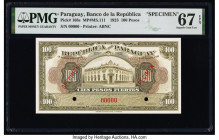 Paraguay Banco de la Republica 100 Pesos 25.10.1923 Pick 168s Specimen PMG Superb Gem Unc 67 EPQ. Red Specimen overprints and two POCs are present on ...