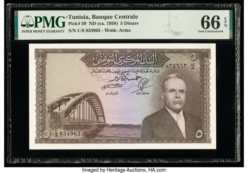 Tunisia Banque Centrale 5 Dinars ND (ca. 1958) Pick 59 PMG Gem Uncirculated 66 E...