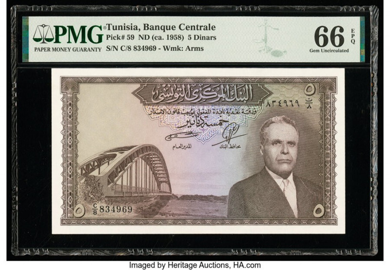 Tunisia Banque Centrale 5 Dinars ND (ca. 1958) Pick 59 PMG Gem Uncirculated 66 E...